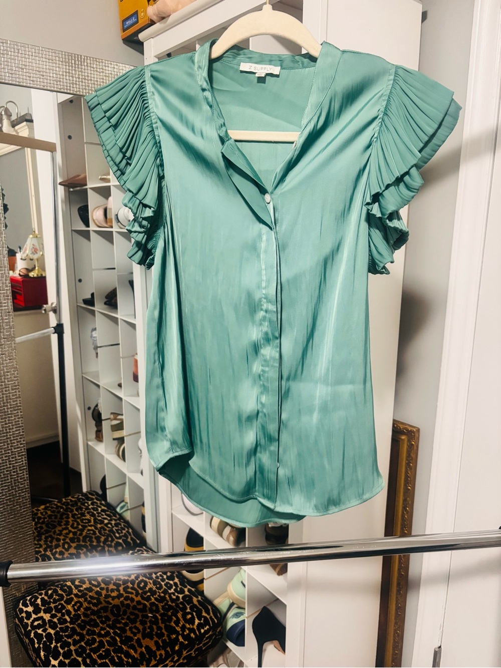 Z Supply Mint Green Ruffle Sleeve Button-Up Blouse
